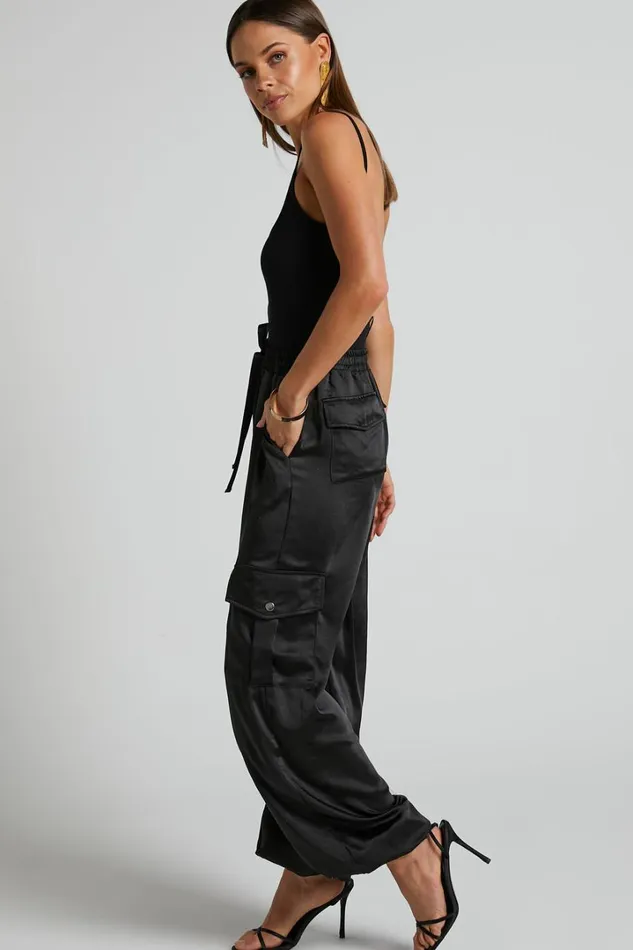 Jadeiah Pants 8211 Mid Rise Cargo Pocket Satin Jogger Pant In Black Women Showpo Loungewear