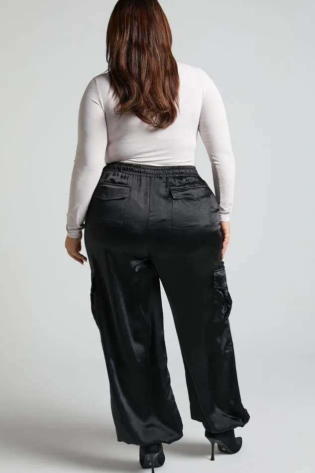 Jadeiah Pants 8211 Mid Rise Cargo Pocket Satin Jogger Pant In Black Women Showpo Loungewear