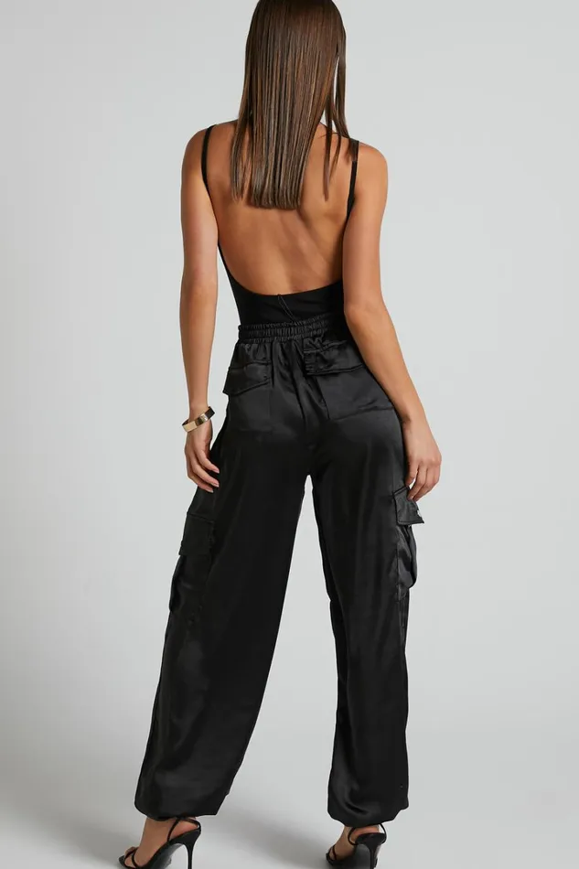 Jadeiah Pants 8211 Mid Rise Cargo Pocket Satin Jogger Pant In Black Women Showpo Loungewear