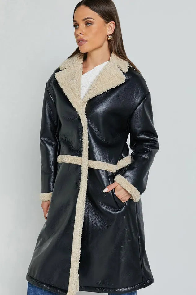 Jan Coat 8211 Longline Faux Shearling Aviator Coat In Black Women Showpo Jackets and Coats