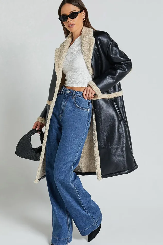 Jan Coat 8211 Longline Faux Shearling Aviator Coat In Black Women Showpo Jackets and Coats