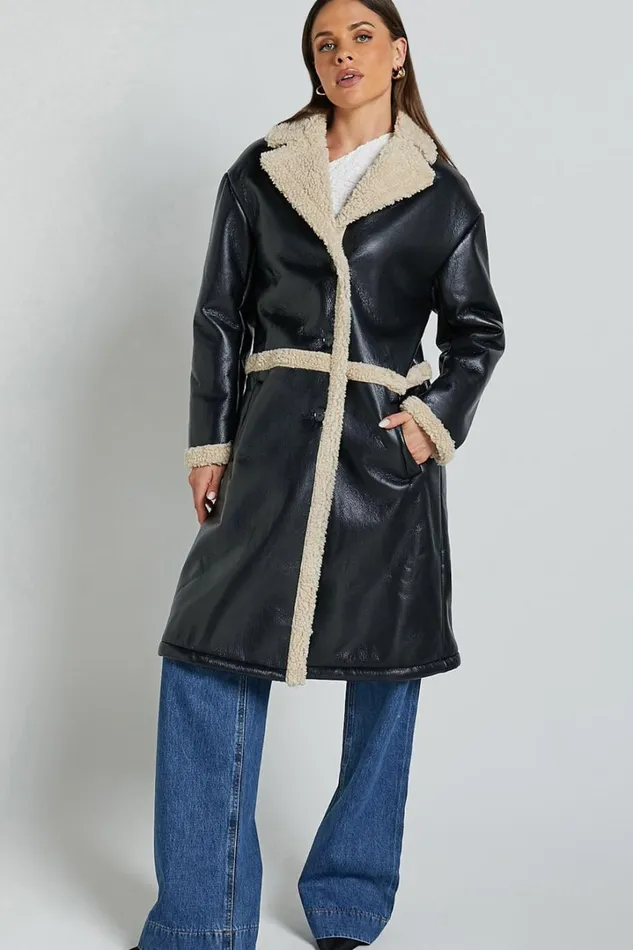 Jan Coat 8211 Longline Faux Shearling Aviator Coat In Black Women Showpo Jackets and Coats