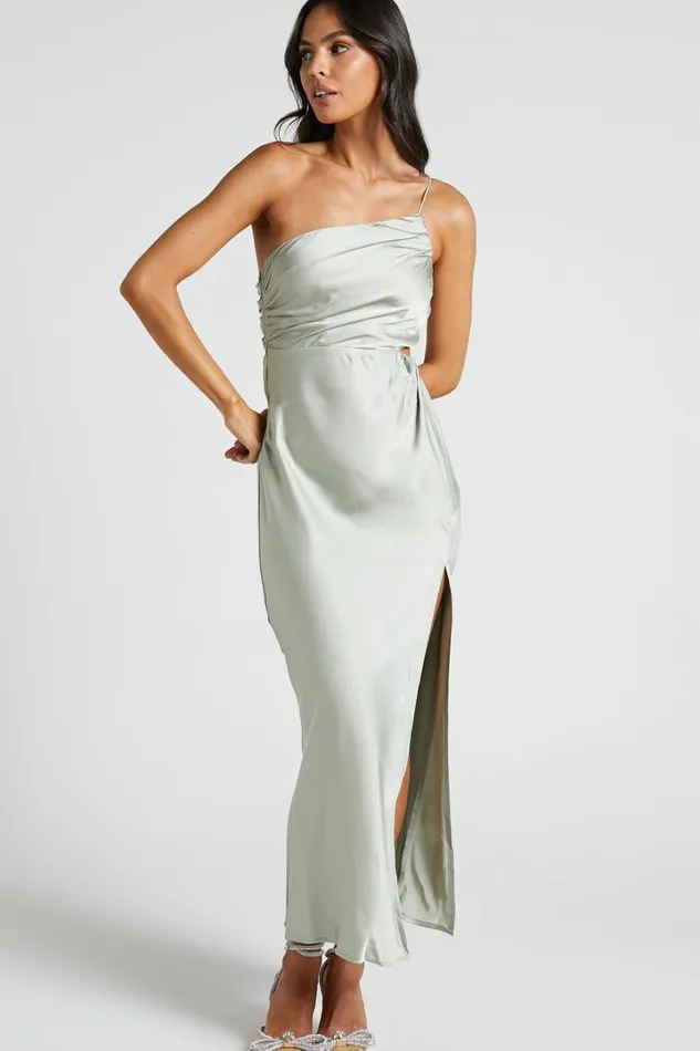 Jaylani Midi Dress 8211 One Shoulder Thigh Split Gathered Satin Dress In Sage Women Showpo Dresses Jaylani Midi Dress 8211 One Shoulder Thigh Split Gathered Satin Dress In Sage Women Showpo Dresses