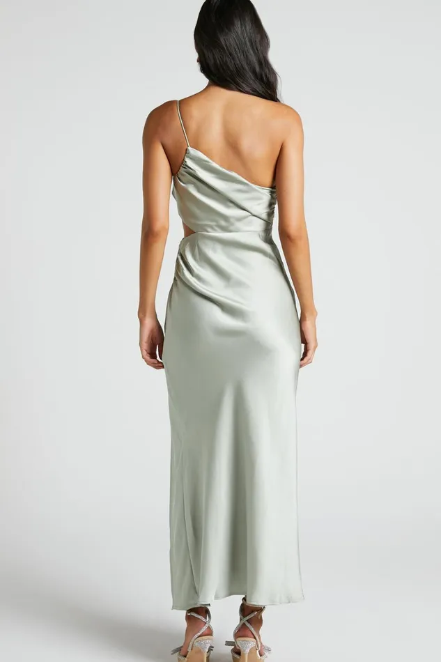 Jaylani Midi Dress 8211 One Shoulder Thigh Split Gathered Satin Dress In Sage Women Showpo Dresses