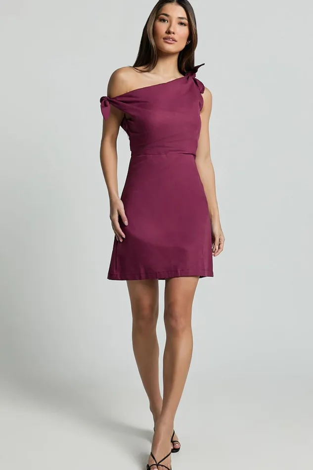 Jeofina Mini Dress 8211 Off The Shoulder Linen Look Dress In Merlot Women Showpo Dresses