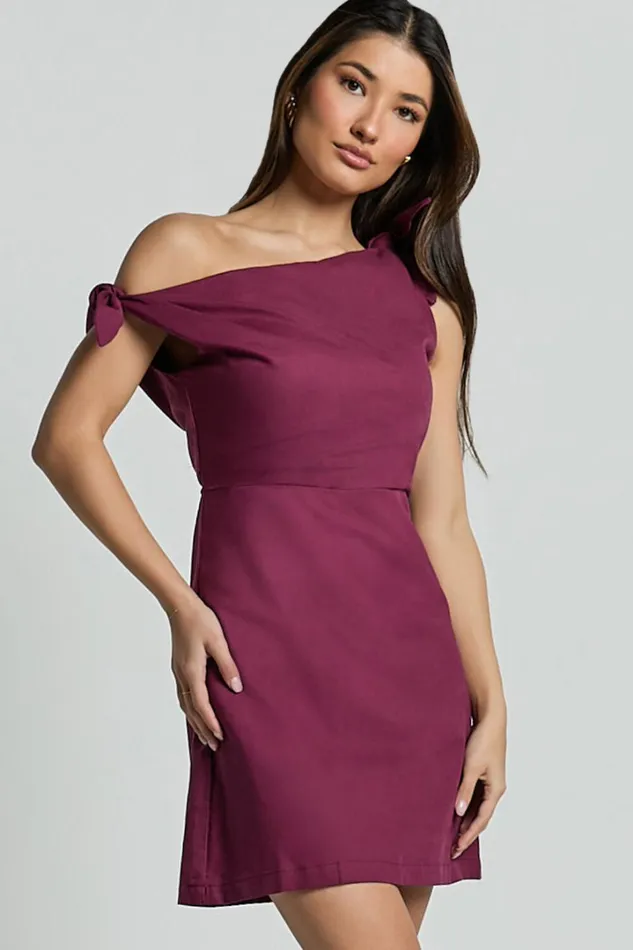 Jeofina Mini Dress 8211 Off The Shoulder Linen Look Dress In Merlot Women Showpo Dresses