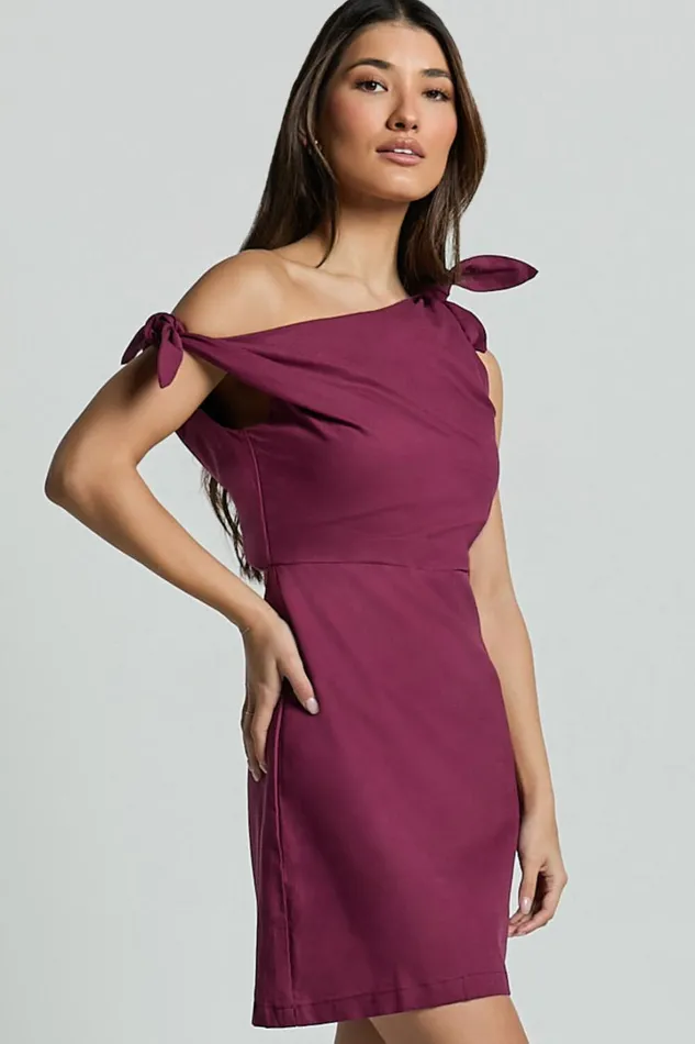 Jeofina Mini Dress 8211 Off The Shoulder Linen Look Dress In Merlot Women Showpo Dresses