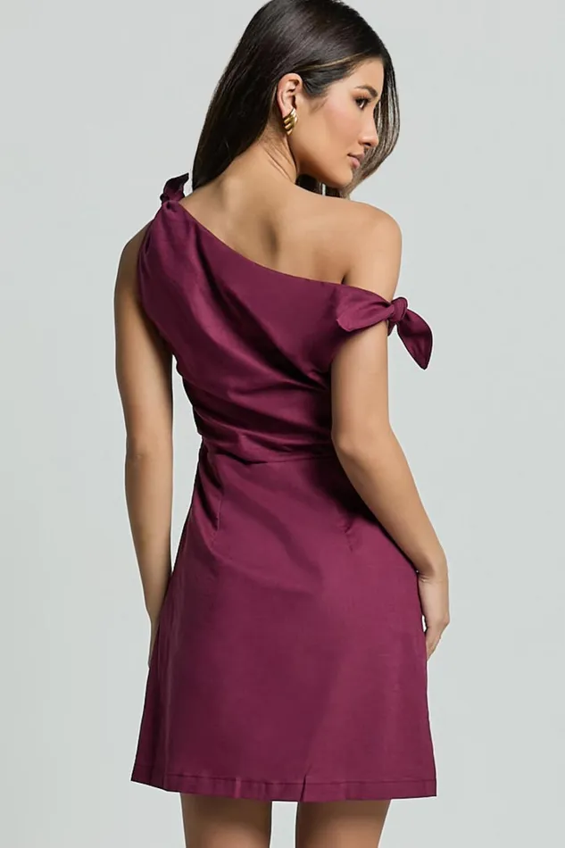 Jeofina Mini Dress 8211 Off The Shoulder Linen Look Dress In Merlot Women Showpo Dresses