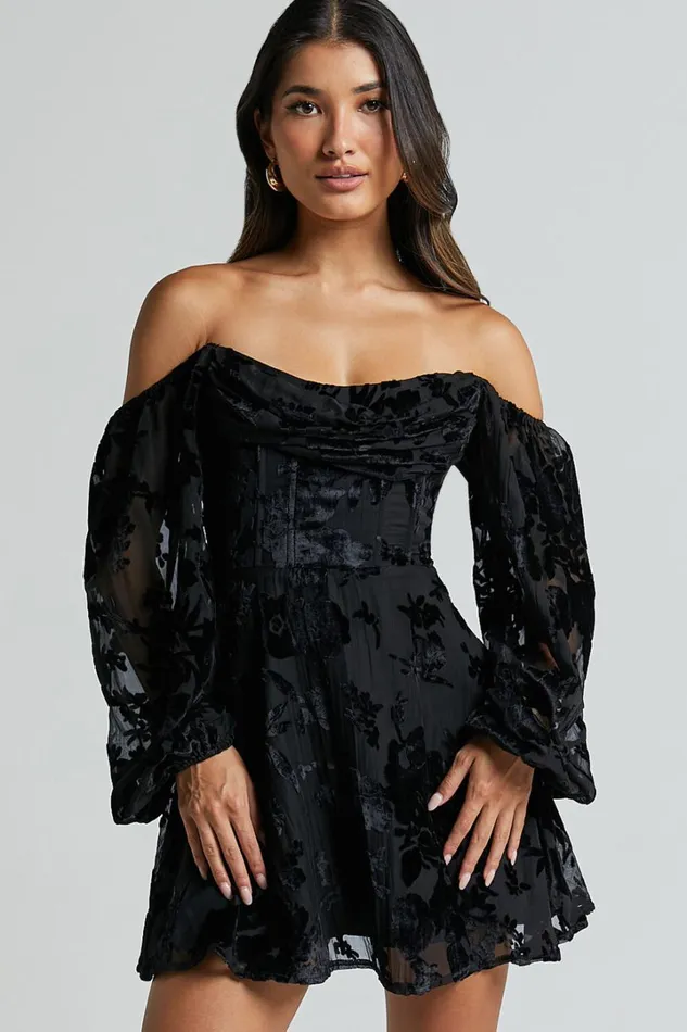 Jessell Mini Dress 8211 Long Sleeve Cowl Corset Dress In Ebony Burnout Women Showpo Dresses