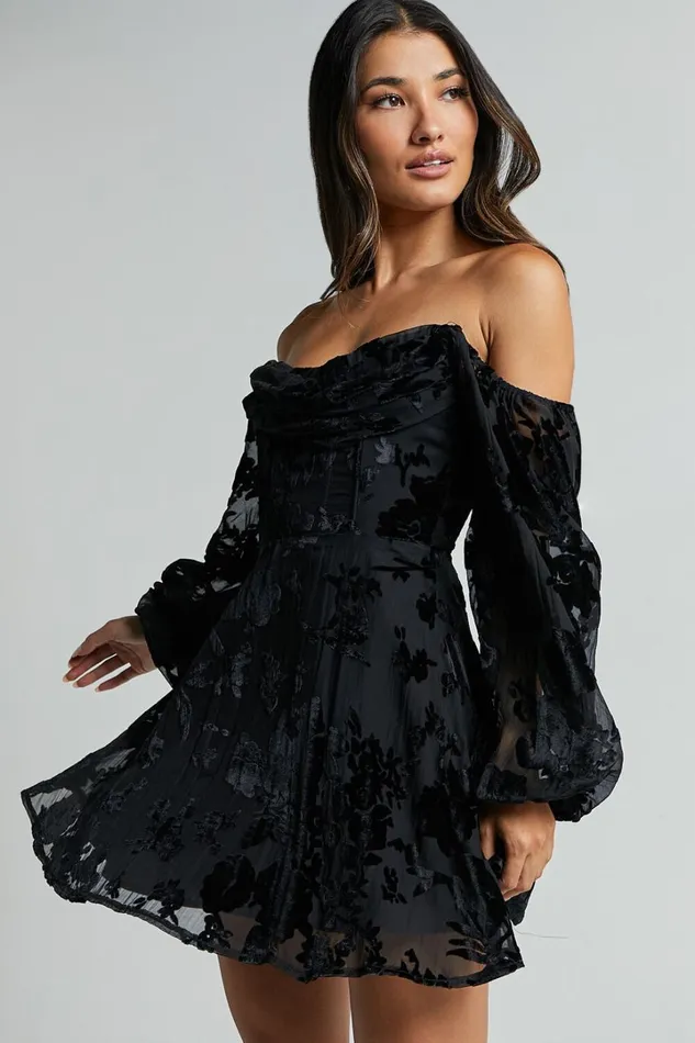 Jessell Mini Dress 8211 Long Sleeve Cowl Corset Dress In Ebony Burnout Women Showpo Dresses