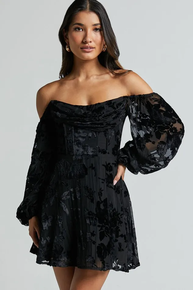 Jessell Mini Dress 8211 Long Sleeve Cowl Corset Dress In Ebony Burnout Women Showpo Dresses