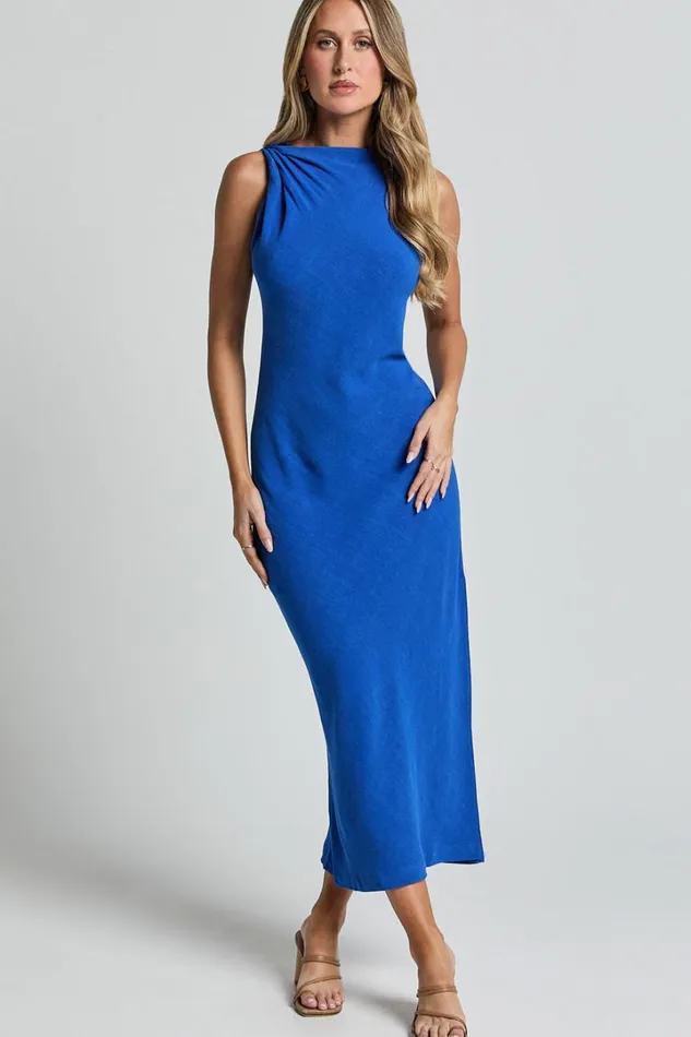 Jessenia Maxi Dress 8211 Linen Look High Neck Dress In Cobalt Women Showpo Dresses