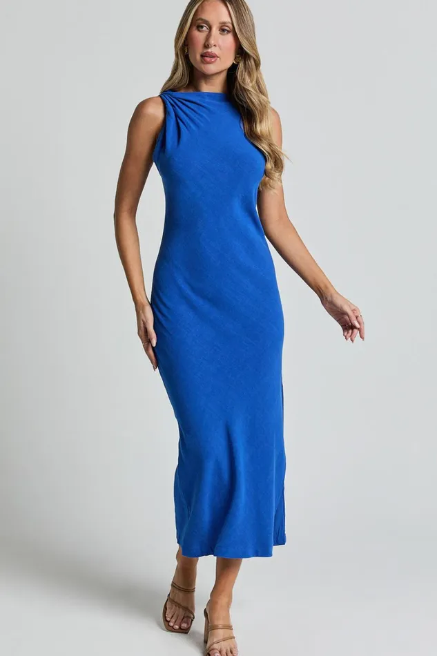Jessenia Maxi Dress 8211 Linen Look High Neck Dress In Cobalt Women Showpo Dresses
