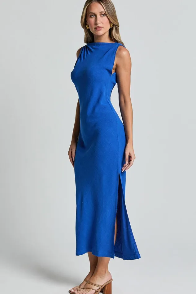 Jessenia Maxi Dress 8211 Linen Look High Neck Dress In Cobalt Women Showpo Dresses
