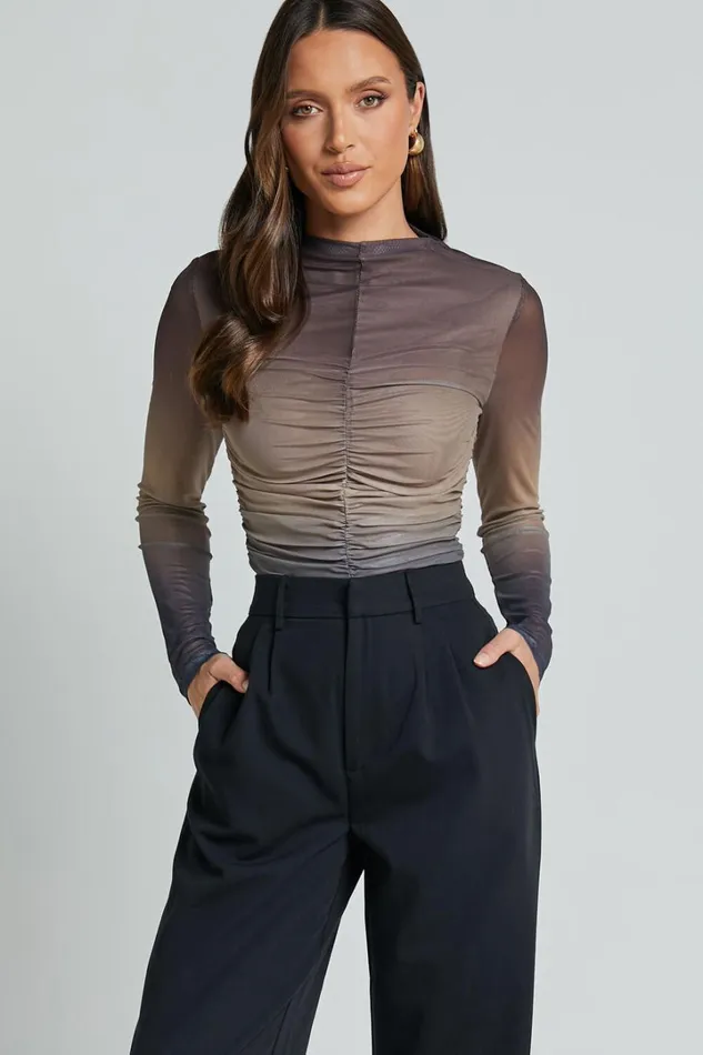 Jestin Top 8211 High Neck Long Sleeve Ruched Top In Stormy Ombre Women Showpo Tops
