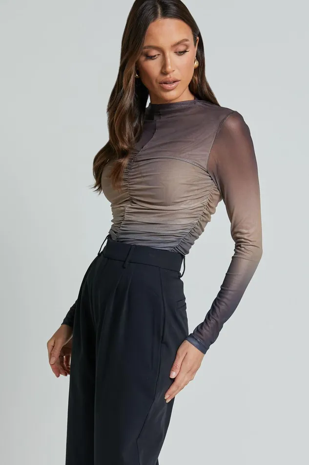 Jestin Top 8211 High Neck Long Sleeve Ruched Top In Stormy Ombre Women Showpo Tops