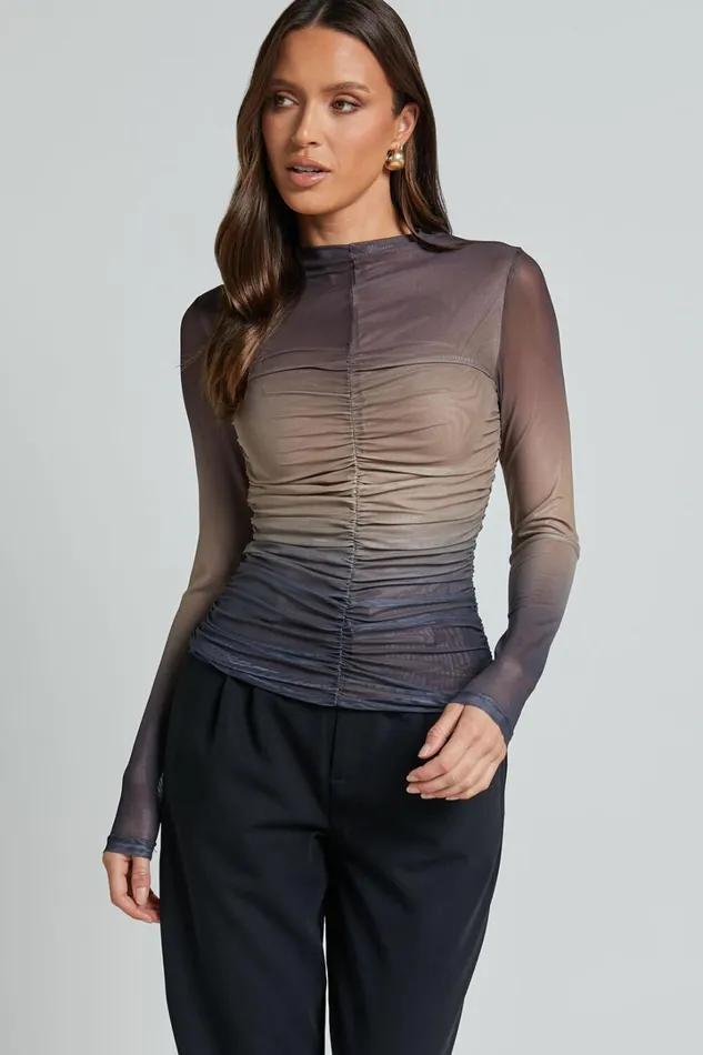 Jestin Top 8211 High Neck Long Sleeve Ruched Top In Stormy Ombre Women Showpo Tops