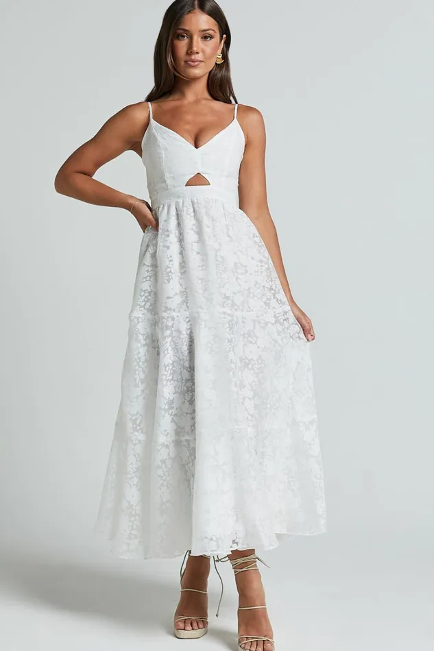 Jorie Midi Dress 8211 Strappy Front Cut Out Tiered Skirt In White Women Showpo Dresses