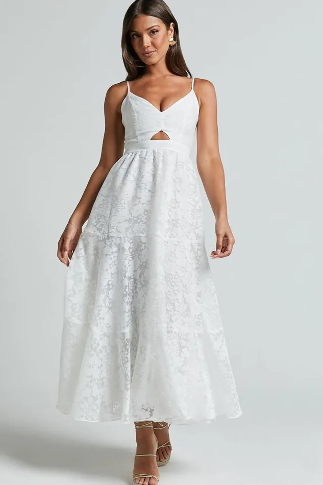 Jorie Midi Dress 8211 Strappy Front Cut Out Tiered Skirt In White Women Showpo Dresses