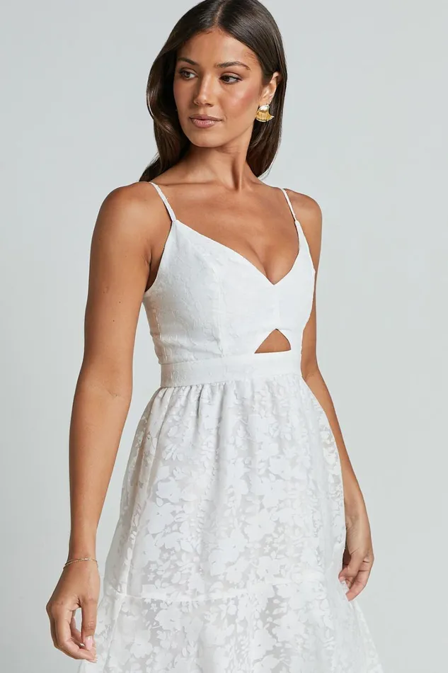 Jorie Midi Dress 8211 Strappy Front Cut Out Tiered Skirt In White Women Showpo Dresses