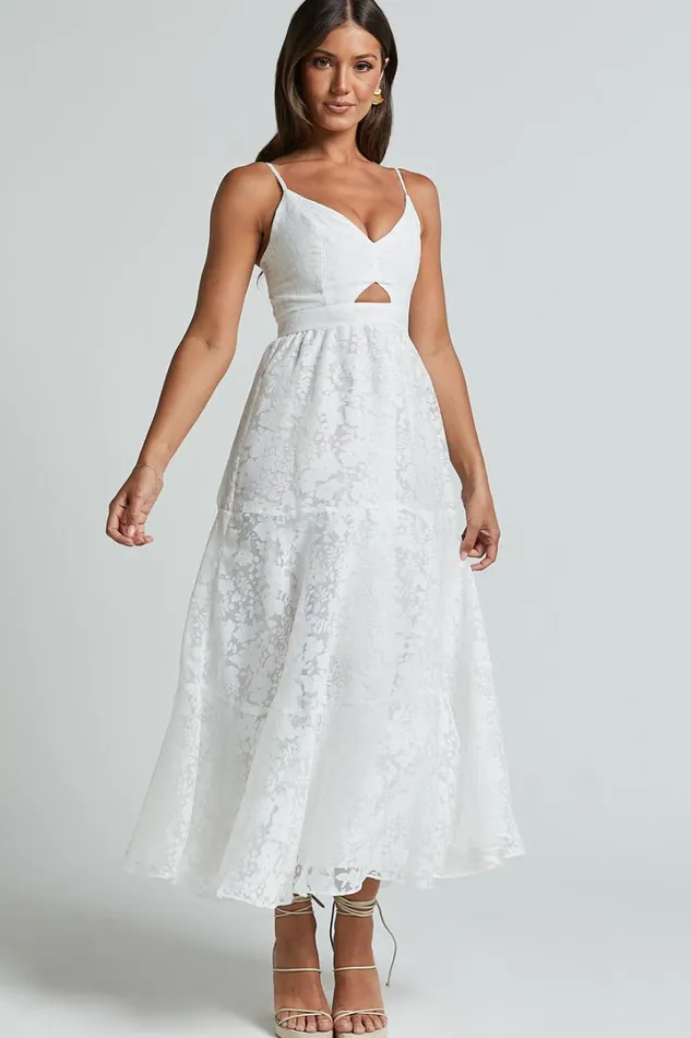 Jorie Midi Dress 8211 Strappy Front Cut Out Tiered Skirt In White Women Showpo Dresses