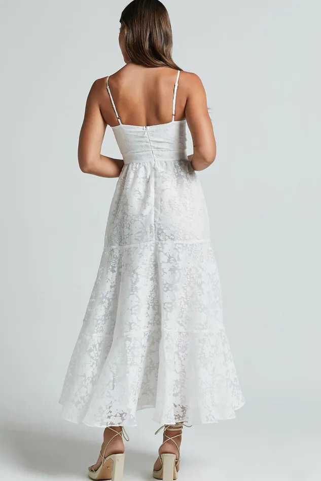 Jorie Midi Dress 8211 Strappy Front Cut Out Tiered Skirt In White Women Showpo Dresses
