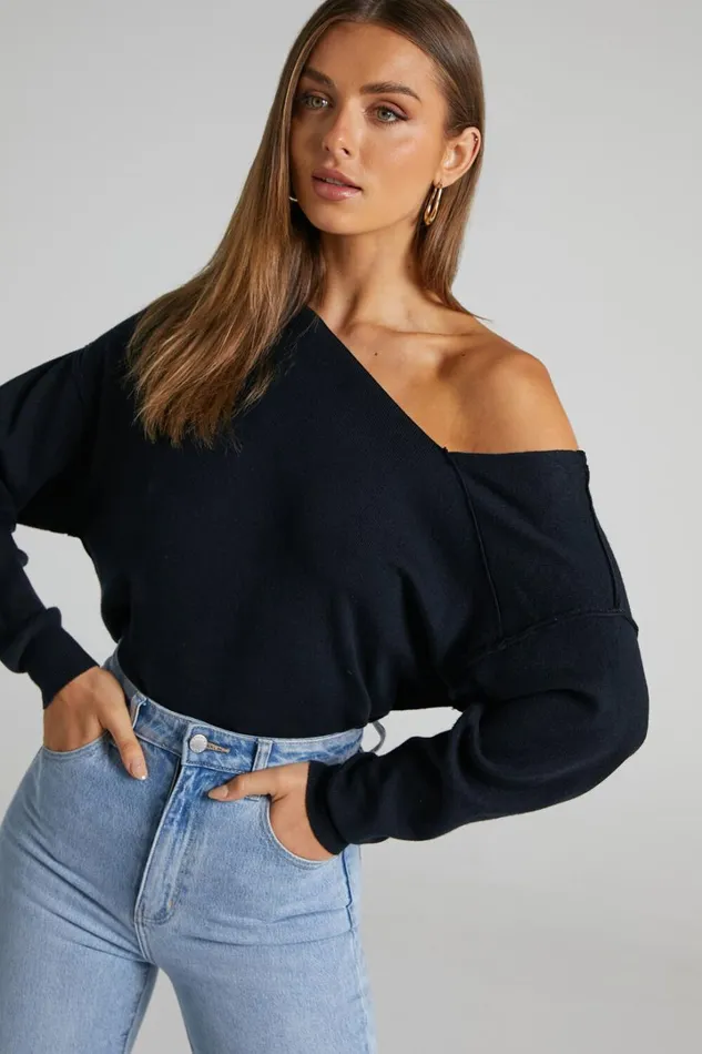 Kamille Top 8211 Asymmetric Side Shoulder Knit Top In Black Women Showpo Sweaters and Cardigans