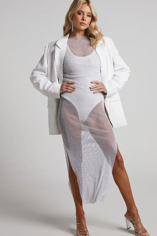 Karmen Midi Dress 8211 Long Sleeve Split Diamante Mesh Dress In White Women Showpo Dresses