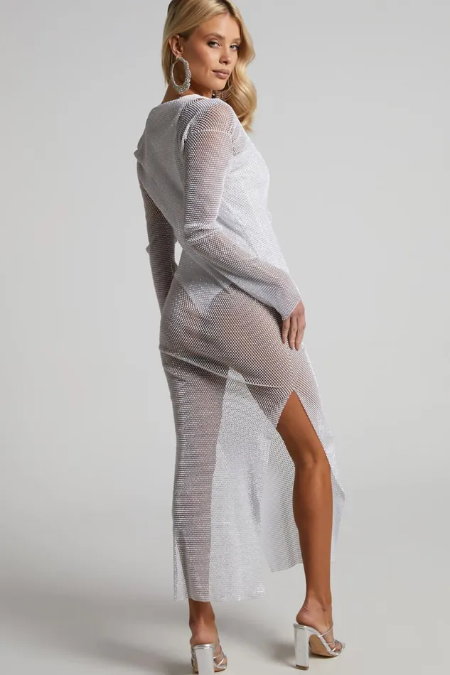 Karmen Midi Dress 8211 Long Sleeve Split Diamante Mesh Dress In White Women Showpo Dresses