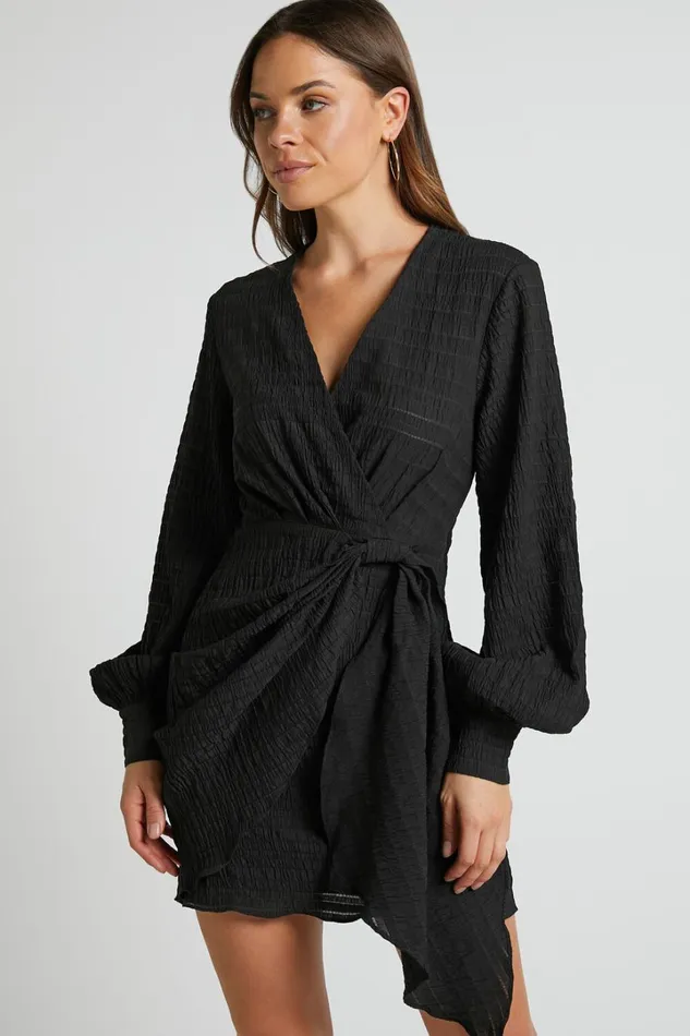 Kathlina Mini Dress 8211 Bishop Sleeve Plunge Neck Knot Waist Detail Dress In Black Women Showpo Dresses Kathlina Mini Dress 8211 Bishop Sleeve Plunge Neck Knot Waist Detail Dress In Black Women Showpo Dresses