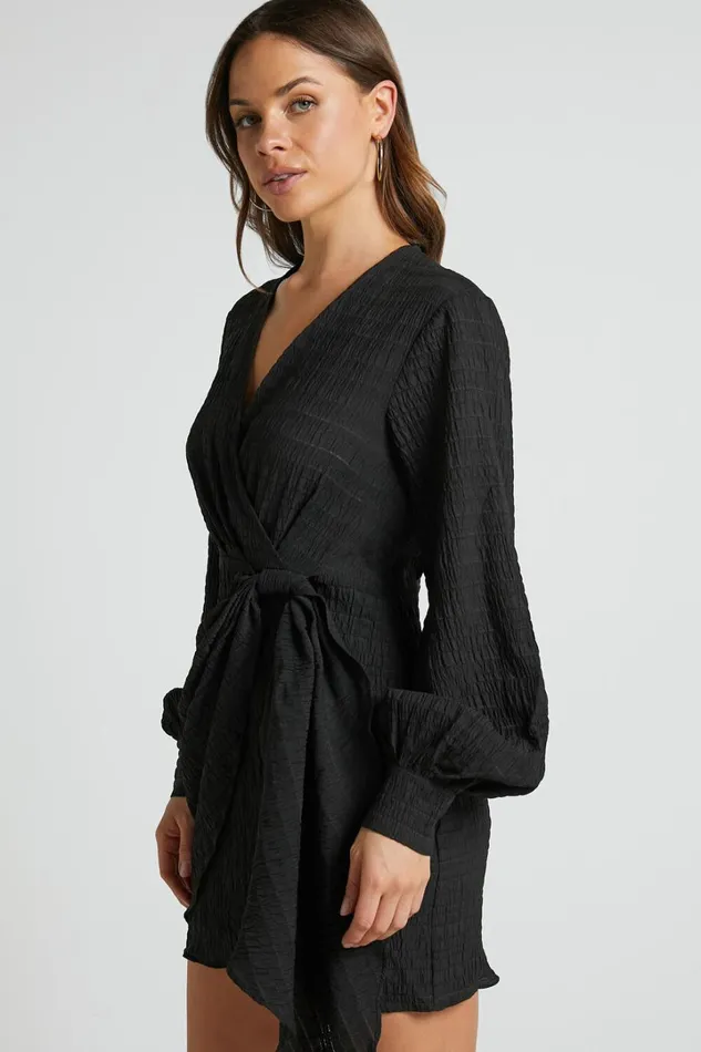 Kathlina Mini Dress 8211 Bishop Sleeve Plunge Neck Knot Waist Detail Dress In Black Women Showpo Dresses