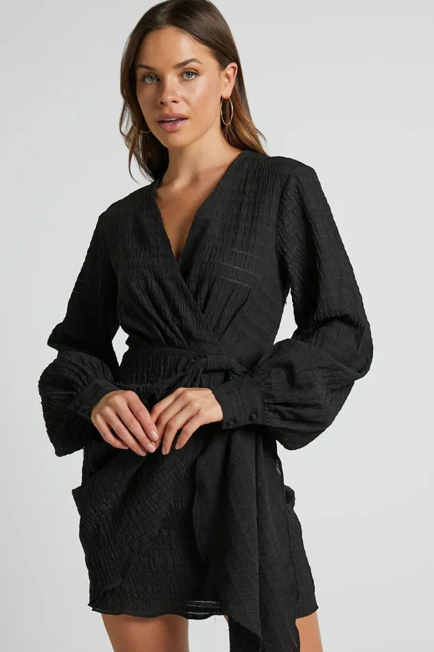 Kathlina Mini Dress 8211 Bishop Sleeve Plunge Neck Knot Waist Detail Dress In Black Women Showpo Dresses