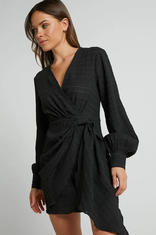 Kathlina Mini Dress 8211 Bishop Sleeve Plunge Neck Knot Waist Detail Dress In Black Women Showpo Dresses