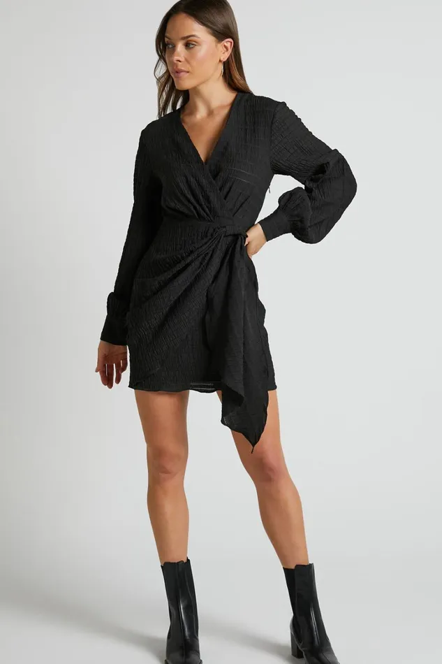 Kathlina Mini Dress 8211 Bishop Sleeve Plunge Neck Knot Waist Detail Dress In Black Women Showpo Dresses