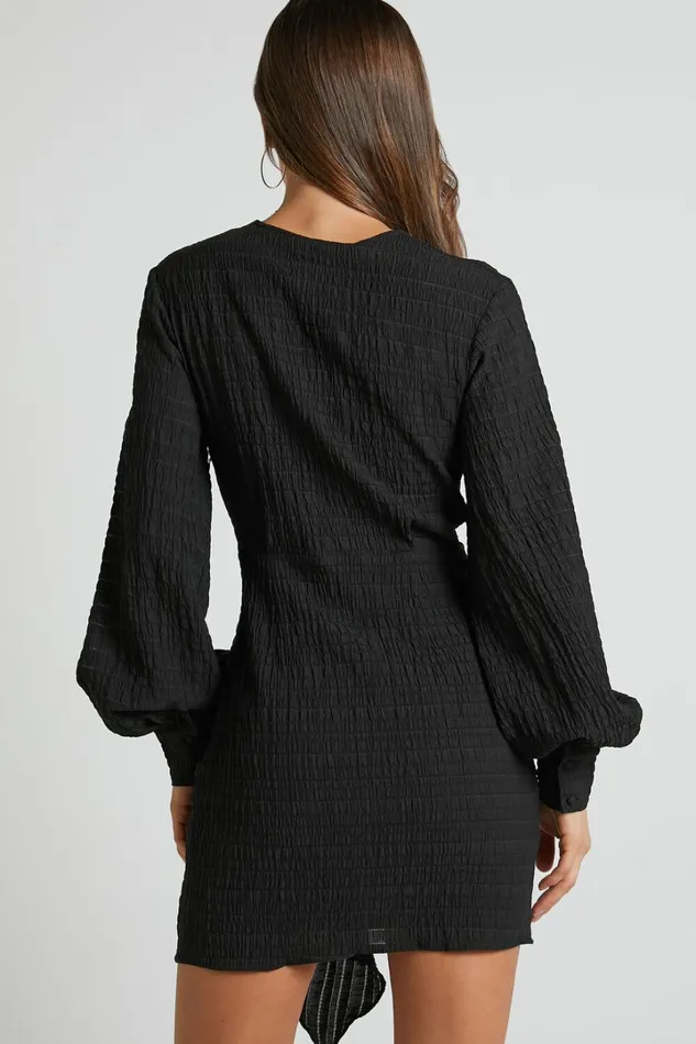 Kathlina Mini Dress 8211 Bishop Sleeve Plunge Neck Knot Waist Detail Dress In Black Women Showpo Dresses