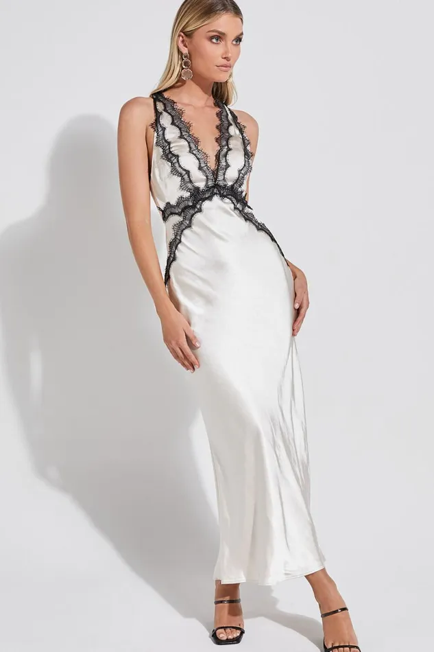 Kaylia Midi Dress 8211 Lace Detail Satin Dress In Oyster Women Showpo Dresses