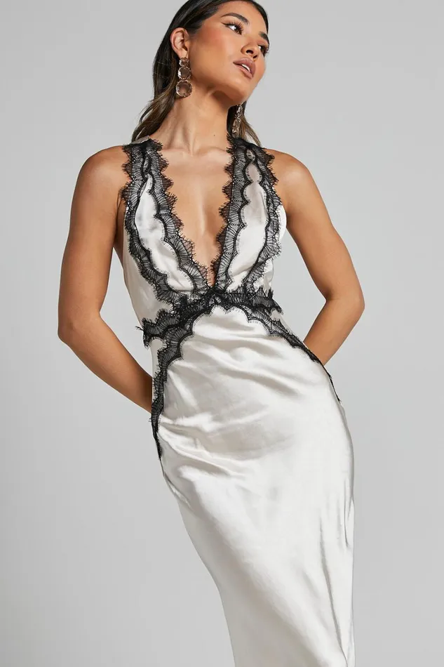 Kaylia Midi Dress 8211 Lace Detail Satin Dress In Oyster Women Showpo Dresses