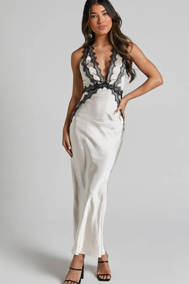 Kaylia Midi Dress 8211 Lace Detail Satin Dress In Oyster Women Showpo Dresses