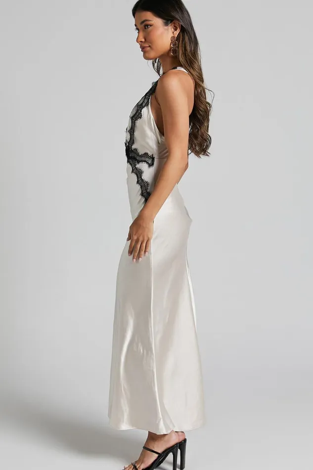 Kaylia Midi Dress 8211 Lace Detail Satin Dress In Oyster Women Showpo Dresses