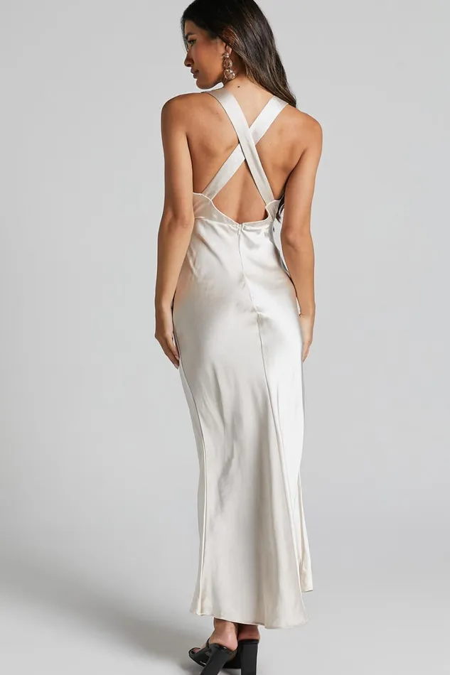 Kaylia Midi Dress 8211 Lace Detail Satin Dress In Oyster Women Showpo Dresses