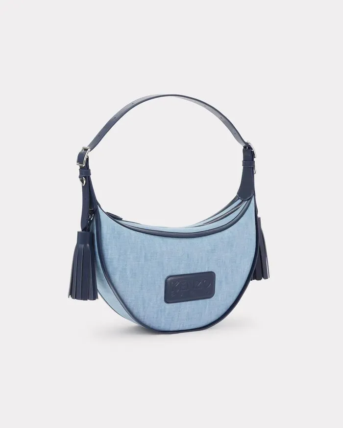 Kenzo Bags Women 18039 Medium Denim And Leather Hobo Bag Stone Bleached Blue Denim