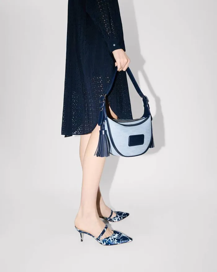 Kenzo Bags Women 18039 Small Denim And Leather Hobo Bag Stone Bleached Blue Denim