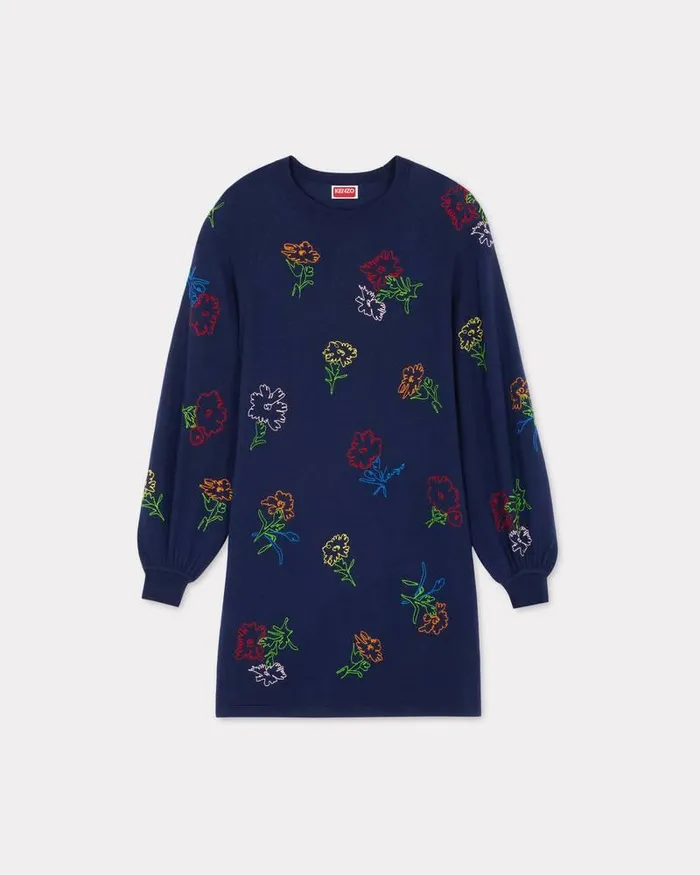 Kenzo Dresses And Skirts Women Drawn Flowers039 Embroidered Dress Midnight Blue