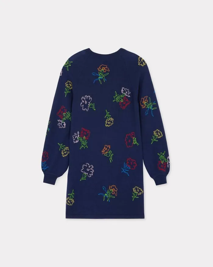 Kenzo Dresses And Skirts Women Drawn Flowers039 Embroidered Dress Midnight Blue
