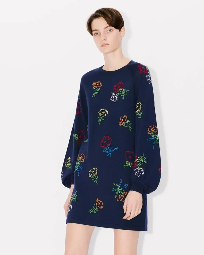 Kenzo Dresses And Skirts Women Drawn Flowers039 Embroidered Dress Midnight Blue