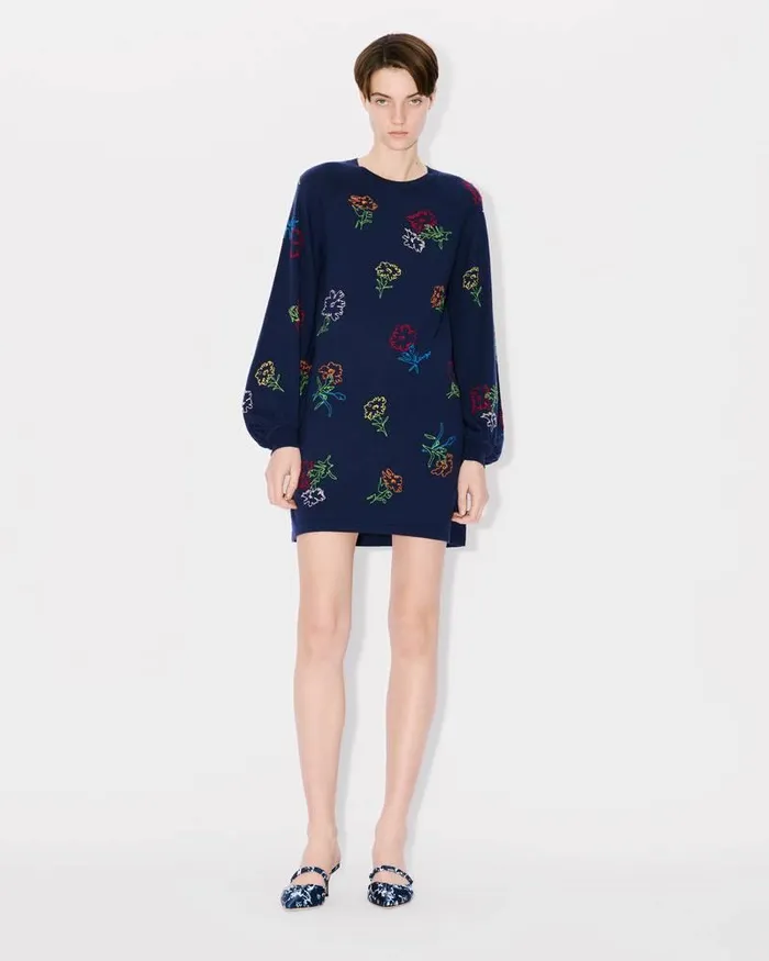 Kenzo Dresses And Skirts Women Drawn Flowers039 Embroidered Dress Midnight Blue