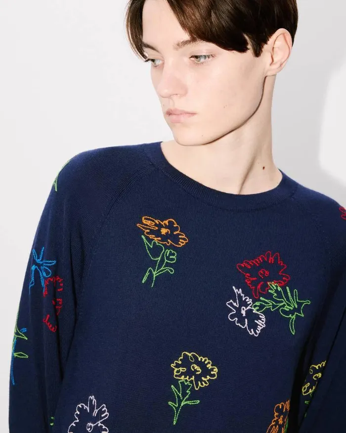 Kenzo Dresses And Skirts Women Drawn Flowers039 Embroidered Dress Midnight Blue