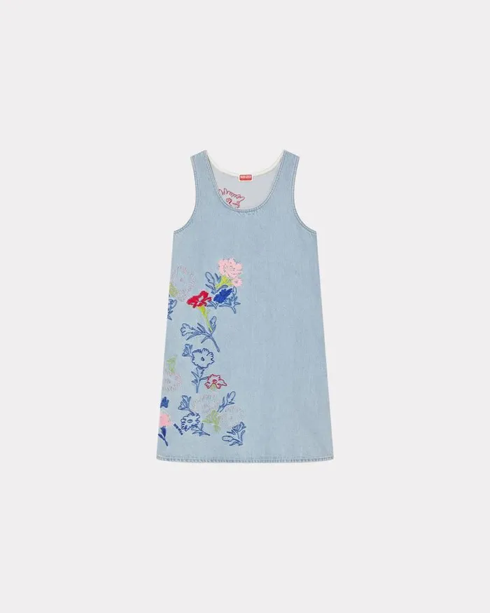 Kenzo Dresses And Skirts Women Drawn Flowers039 Sleeveless Embroidered Dress Stone Bleached Blue Denim