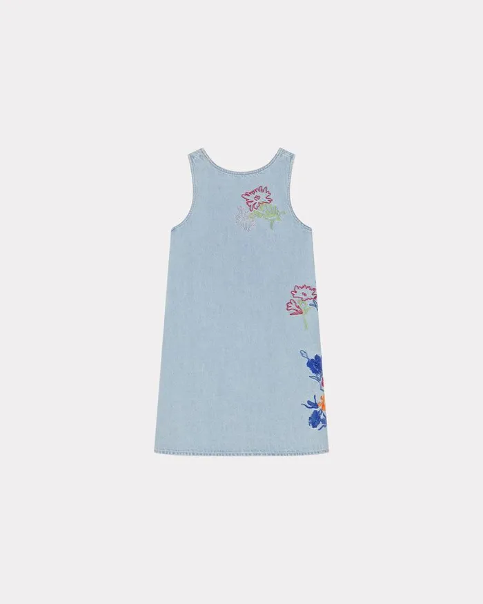 Kenzo Dresses And Skirts Women Drawn Flowers039 Sleeveless Embroidered Dress Stone Bleached Blue Denim