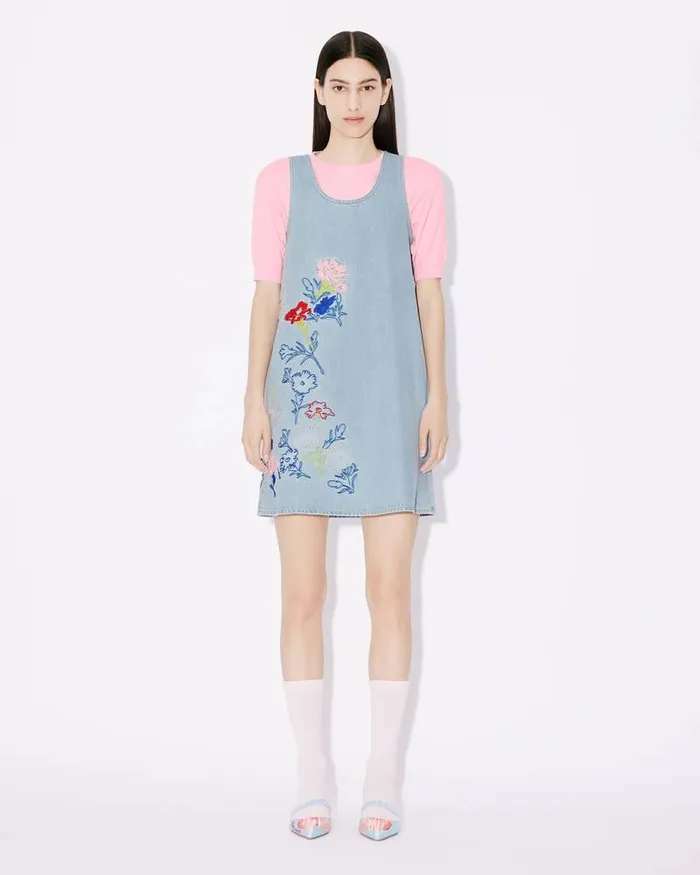 Kenzo Dresses And Skirts Women Drawn Flowers039 Sleeveless Embroidered Dress Stone Bleached Blue Denim
